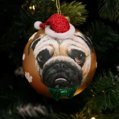 Personalised Pug Dog with Santa Hat Gold Christmas Bauble Cheap