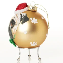 Personalised Pug Dog with Santa Hat Gold Christmas Bauble Cheap