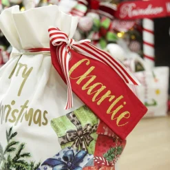 Personalised Red Linen Santa Sack Tag Discount