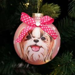 Personalised Shih Tzu Dog with Bow Pink Chrismas Bauble Clearance