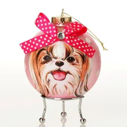 Personalised Shih Tzu Dog with Bow Pink Chrismas Bauble Clearance