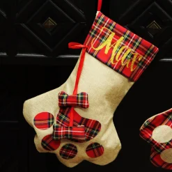 Personalised Tartan Dog Paw Christmas Stocking New