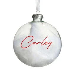 Personalised White Feather Clear Glass Christmas Bauble Discount