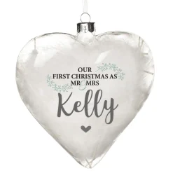 Personalised White Feather Glass Heart - Our First Christmas as Mr & Mrs Fashion