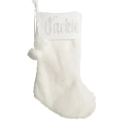 Personalised White Fur Christmas Stocking with Pom Poms Online