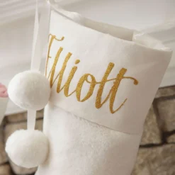 Personalised White Fur Christmas Stocking with Pom Poms Online