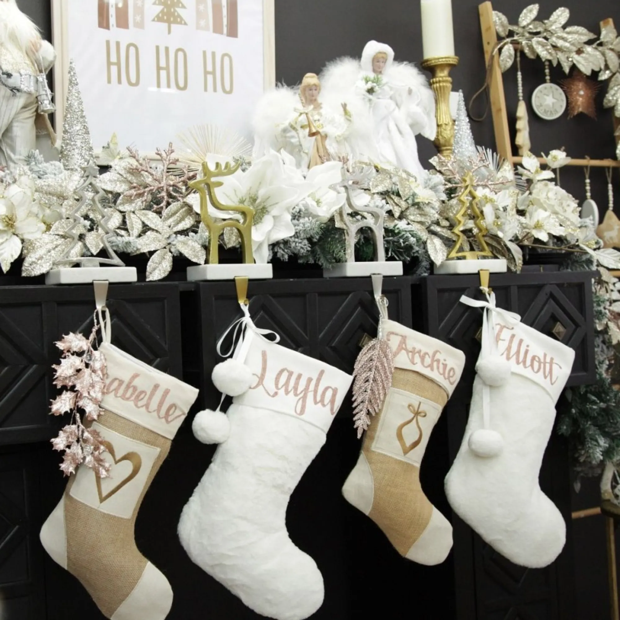 Personalised White Fur Christmas Stocking with Pom Poms Online