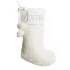 Personalised White Fur Christmas Stocking with Pom Poms Online