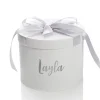 Personalised White Round Gift Box with Silver Ribbon Bow Best