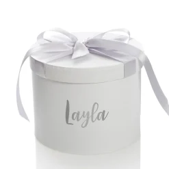 Personalised White Round Gift Box with Silver Ribbon Bow Best