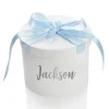 Personalised White Round Gift Box with Baby Blue Ribbon Bow Shop