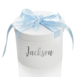 Personalised White Round Gift Box with Baby Blue Ribbon Bow Shop