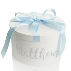 Personalised White Round Gift Box with Baby Blue Ribbon Bow Shop