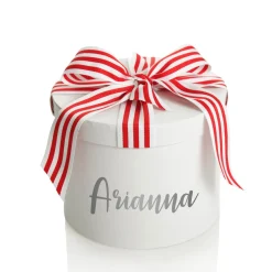 Personalised White Round Gift Box with Candy Cane Ribbon Bow Sale