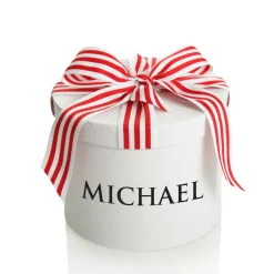 Personalised White Round Gift Box with Candy Cane Ribbon Bow Sale