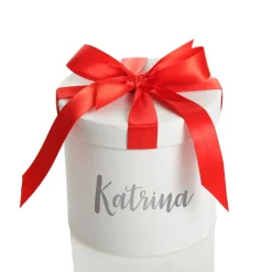 Personalised White Round Gift Box with Red Ribbon Bow Fashion