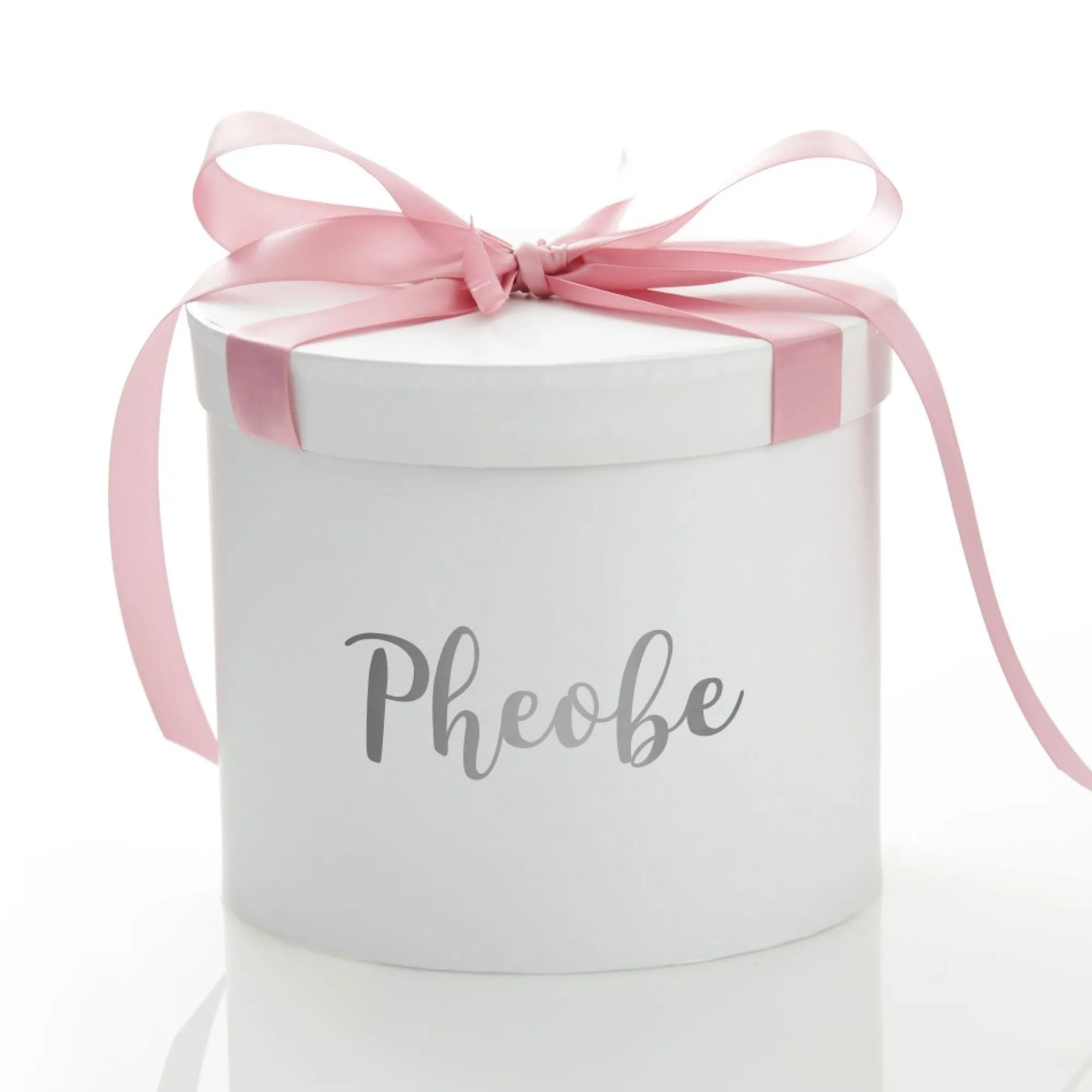 Personalised White Round Gift Box with Baby Pink Ribbon Bow Outlet