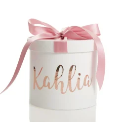 Personalised White Round Gift Box with Baby Pink Ribbon Bow Outlet