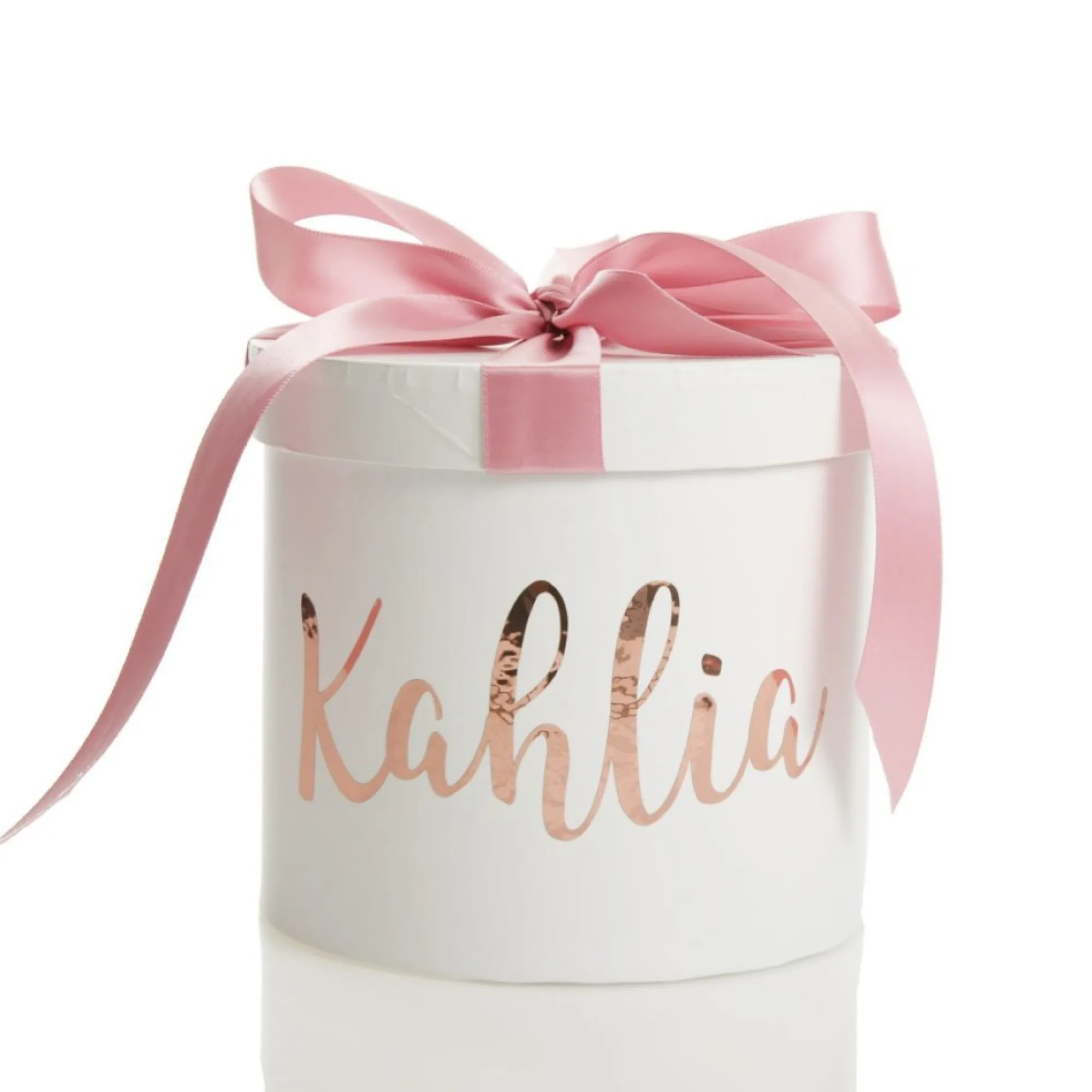 Personalised White Round Gift Box with Baby Pink Ribbon Bow Outlet