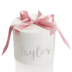 Personalised White Round Gift Box with Baby Pink Ribbon Bow Outlet