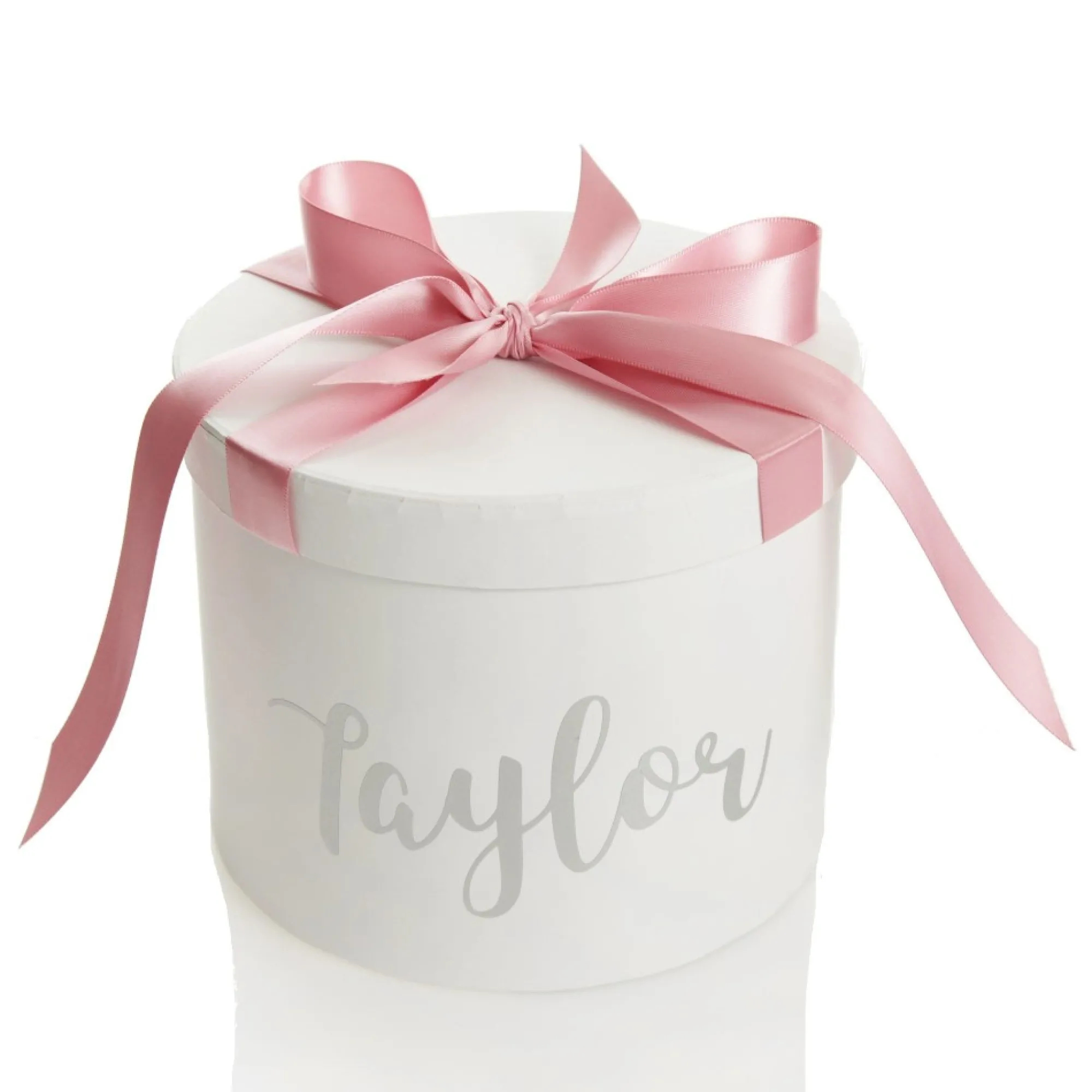 Personalised White Round Gift Box with Baby Pink Ribbon Bow Outlet