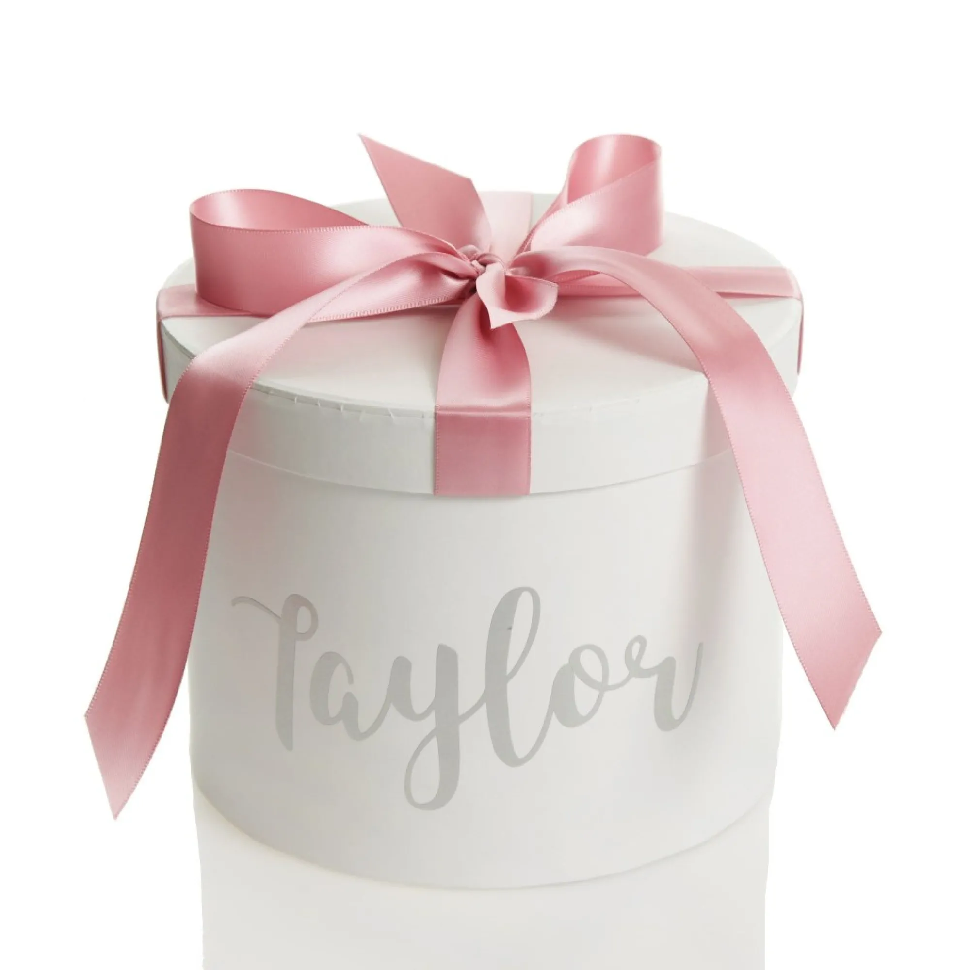 Personalised White Round Gift Box with Baby Pink Ribbon Bow Outlet