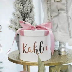 Personalised White Round Gift Box with Baby Pink Ribbon Bow Outlet
