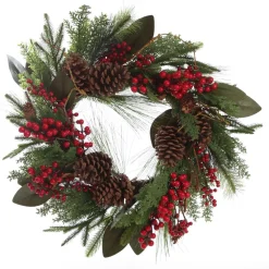 Pinecone and Red Berry Mixed Leaf Christmas Wreath Clearance