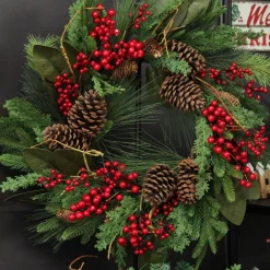 Pinecone and Red Berry Mixed Leaf Christmas Wreath Clearance