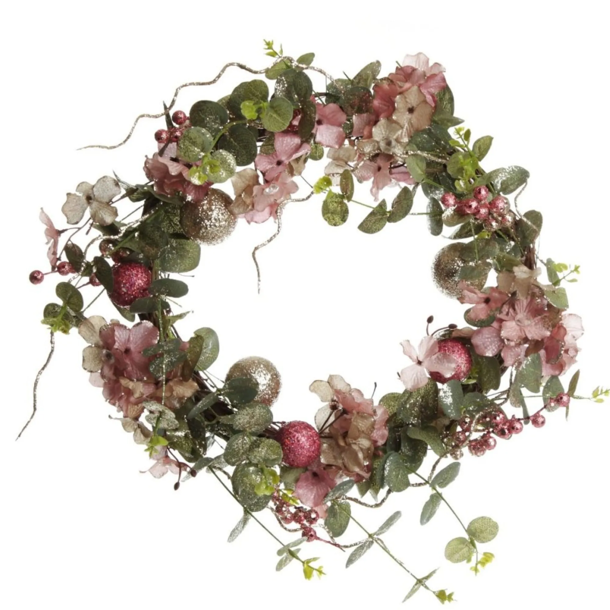 Pink and Champagne Glitter Ball Floral Christmas Wreath Discount