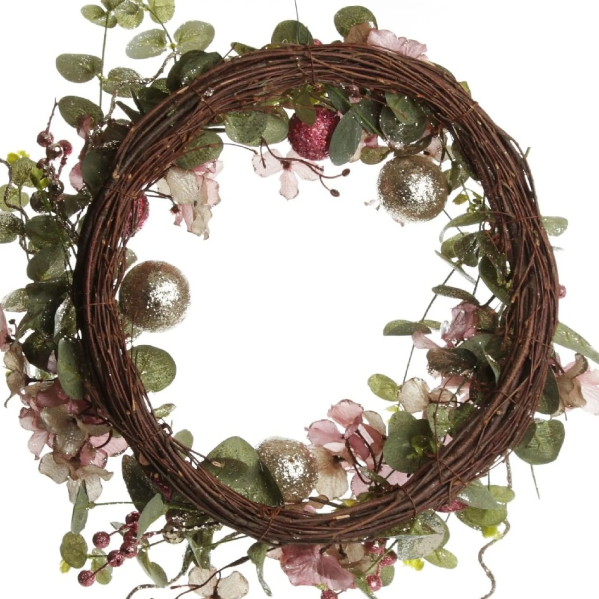 Pink and Champagne Glitter Ball Floral Christmas Wreath Discount