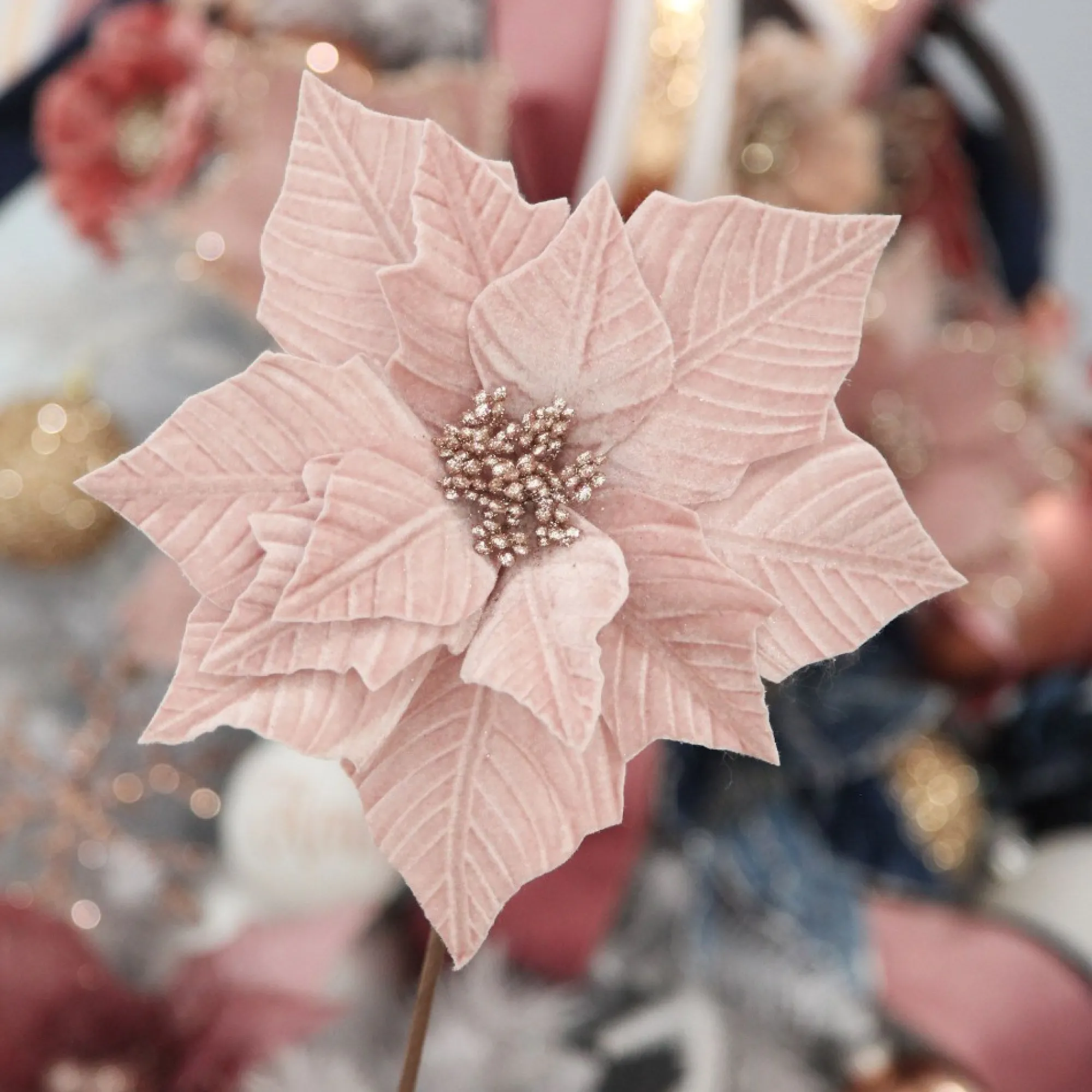 Pink Embossed Poinsettia Flower Stem with Glitter Centre Outlet