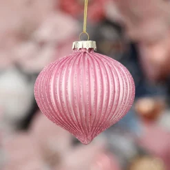 Pink Glass Ribbed Onion Christmas Bauble Clearance