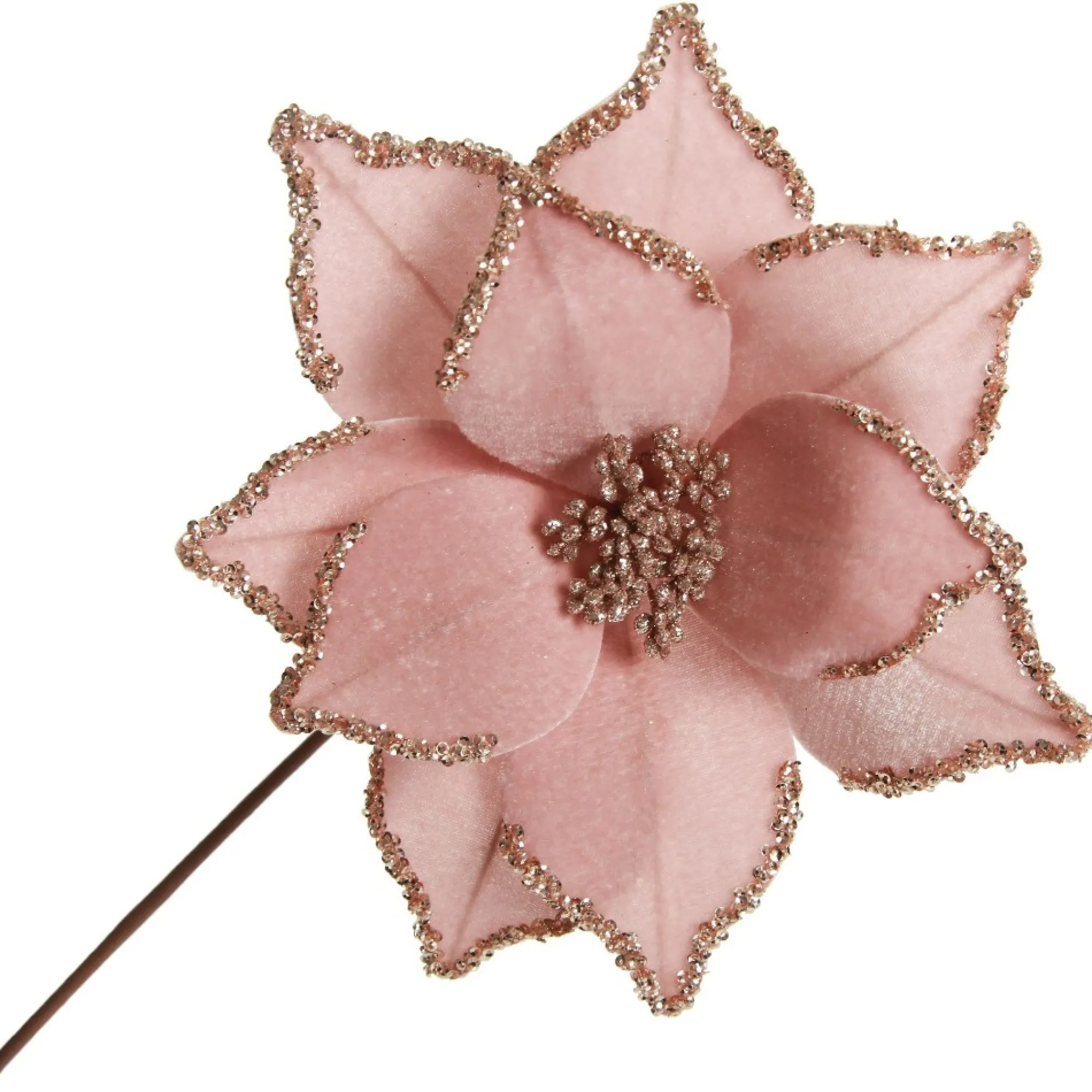 Pink Velour Poinsettia Flower Stem with Glitter Edge Cheap