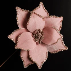 Pink Velour Poinsettia Flower Stem with Glitter Edge Cheap