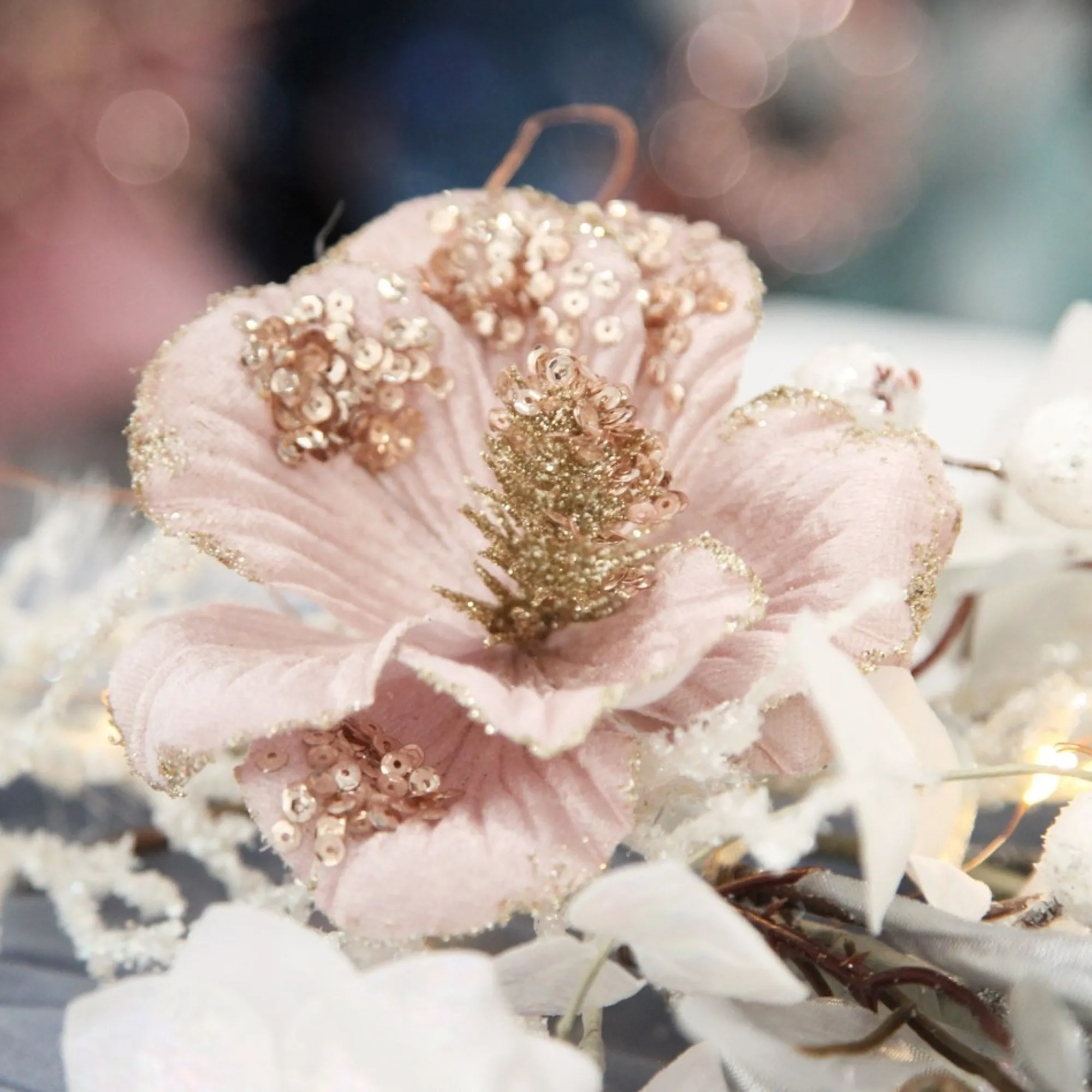 Pink Velvet Magnolia Flower with Champagne Sequin Tips Outlet