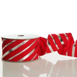 Red & Silver Diagonal Stripe Wired Ribbon New