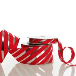 Red & Silver Diagonal Stripe Wired Ribbon New