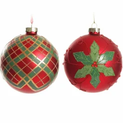 Red and Green Painted Holly and Tartan Christmas Baubles - Set of 2 Store