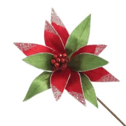 Red and Green Ribbed Flower Stem with White Glitter Trim and Sequins Cheap