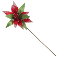 Red and Green Ribbed Flower Stem with White Glitter Trim and Sequins Cheap