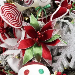 Red and Green Ribbed Flower Stem with White Glitter Trim and Sequins Cheap