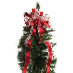 Red and White Glitter Plaid Deluxe Tree Topper Bow with Streamers New