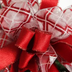 Red and White Glitter Plaid Deluxe Tree Topper Bow with Streamers New