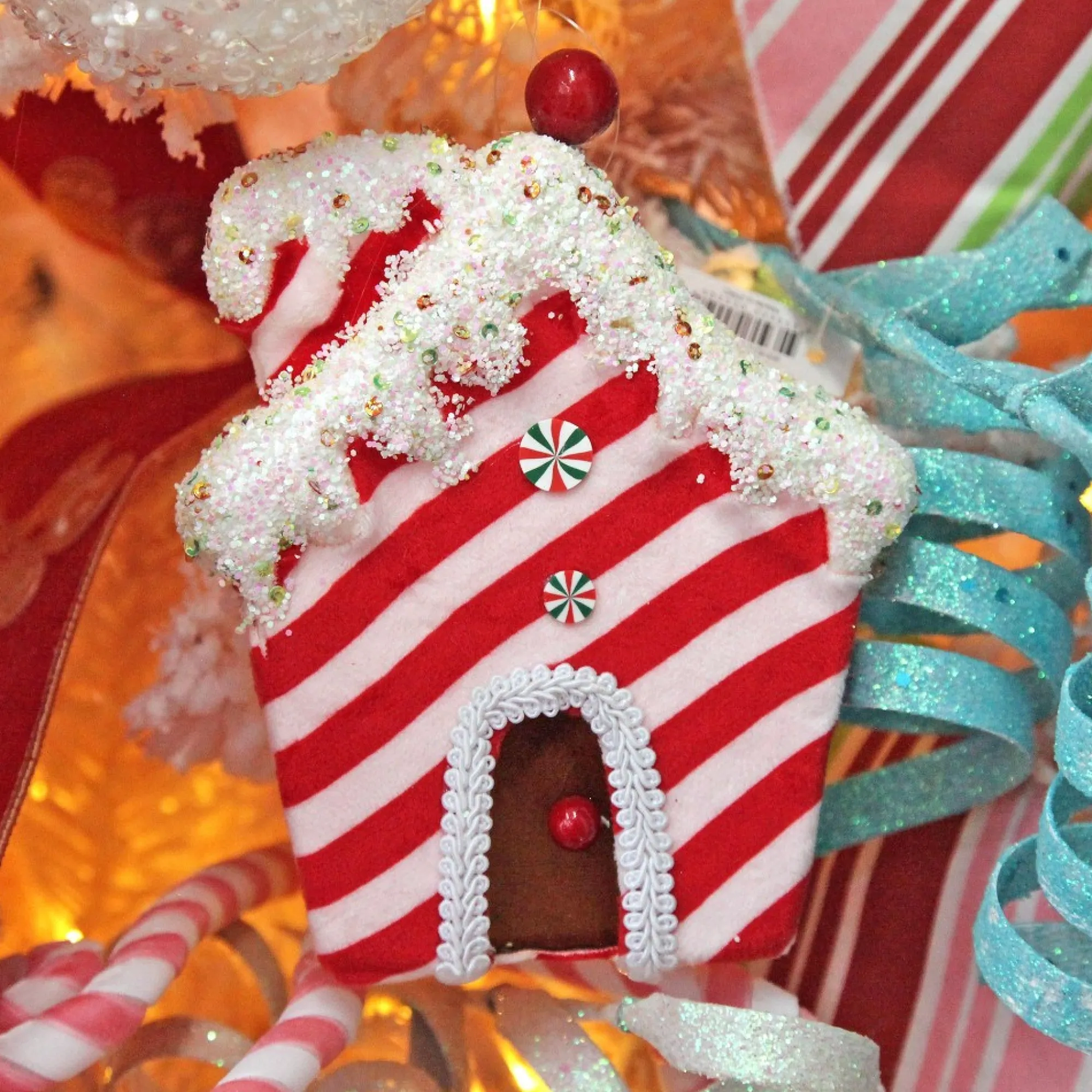 Red and White Striped Velvet Christmas House Tree Decoration Shop