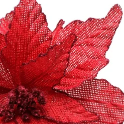 Red Burlap Flower Pick Red Glitter Trim Hot