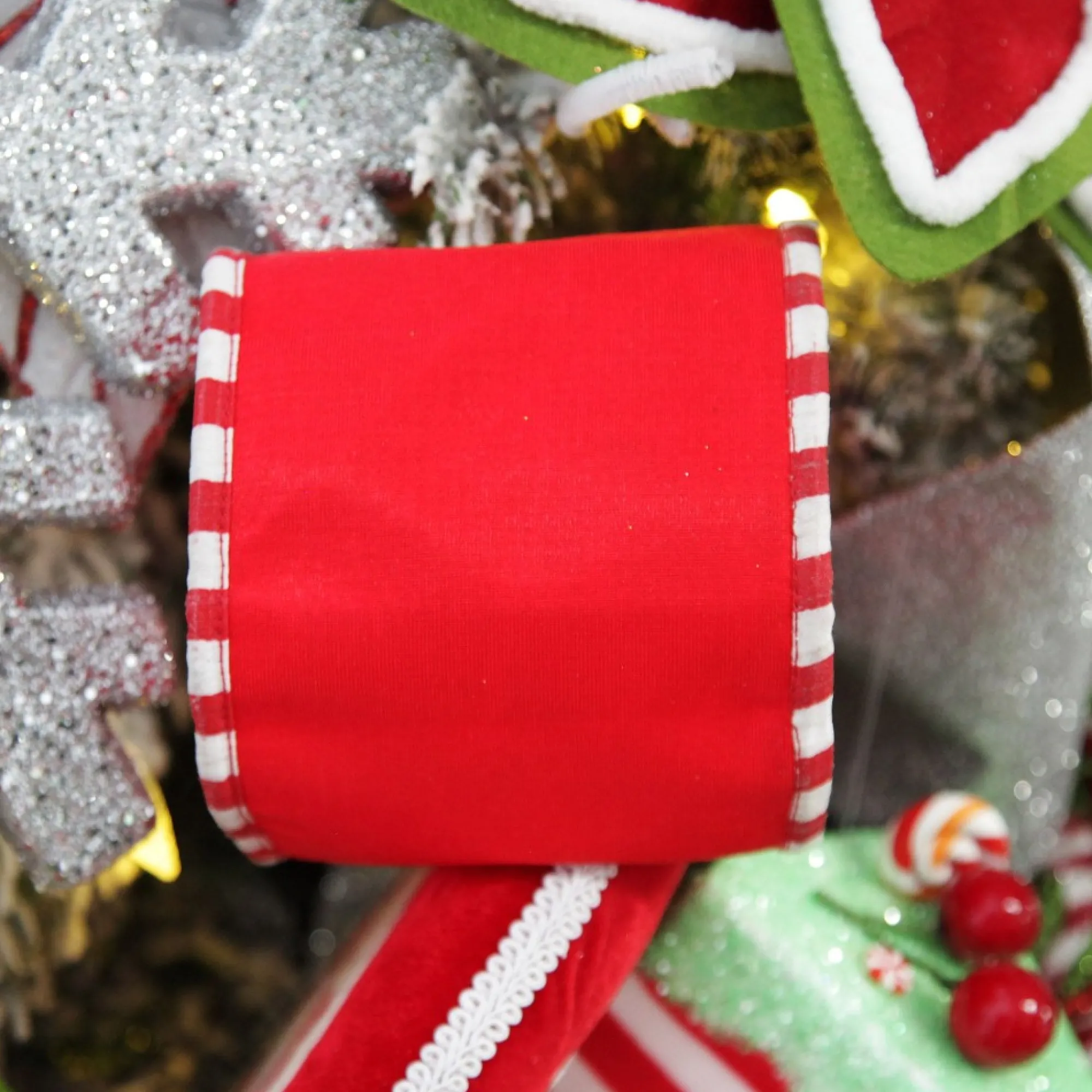 Red Christmas Ribbon Garland with Piped Striped Edge Store