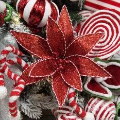 Red Glitter Poinsetta Flower Clip with Twine Trim and Bells Cheap