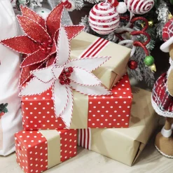 Red Glitter Poinsetta Flower Clip with Twine Trim and Bells Cheap