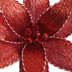 Red Glitter Poinsetta Flower Clip with Twine Trim and Bells Cheap